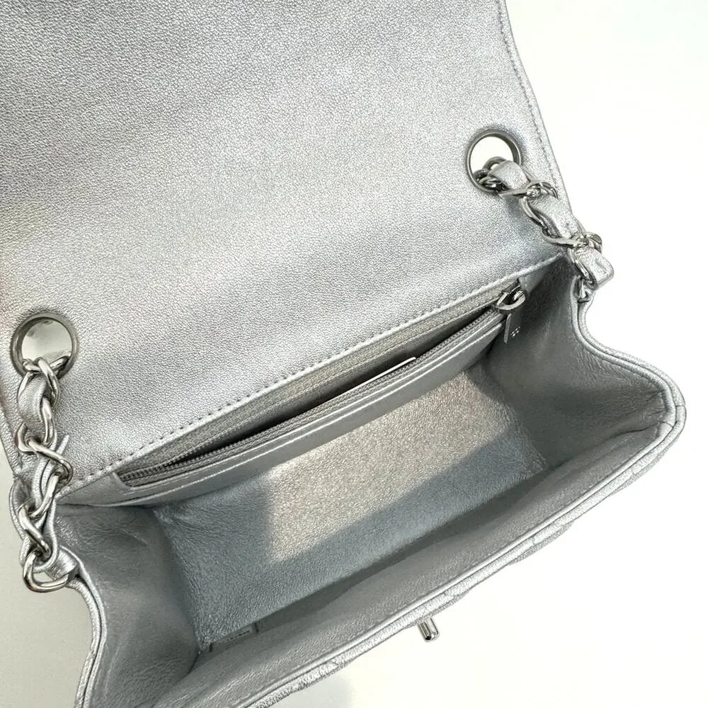 CHANEL Metallic Silver CC Logo Lambskin Quilted Mini Classic Flap Shoulder Bag